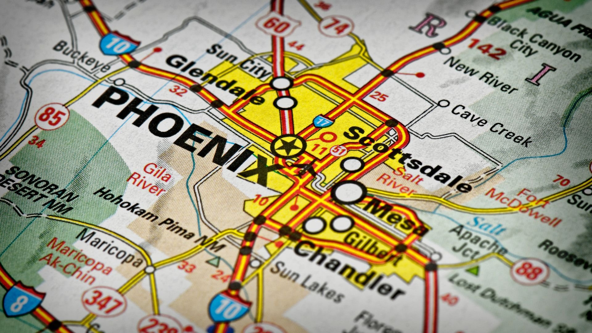 Phoenix road map showing highways and surrounding cities in Arizona