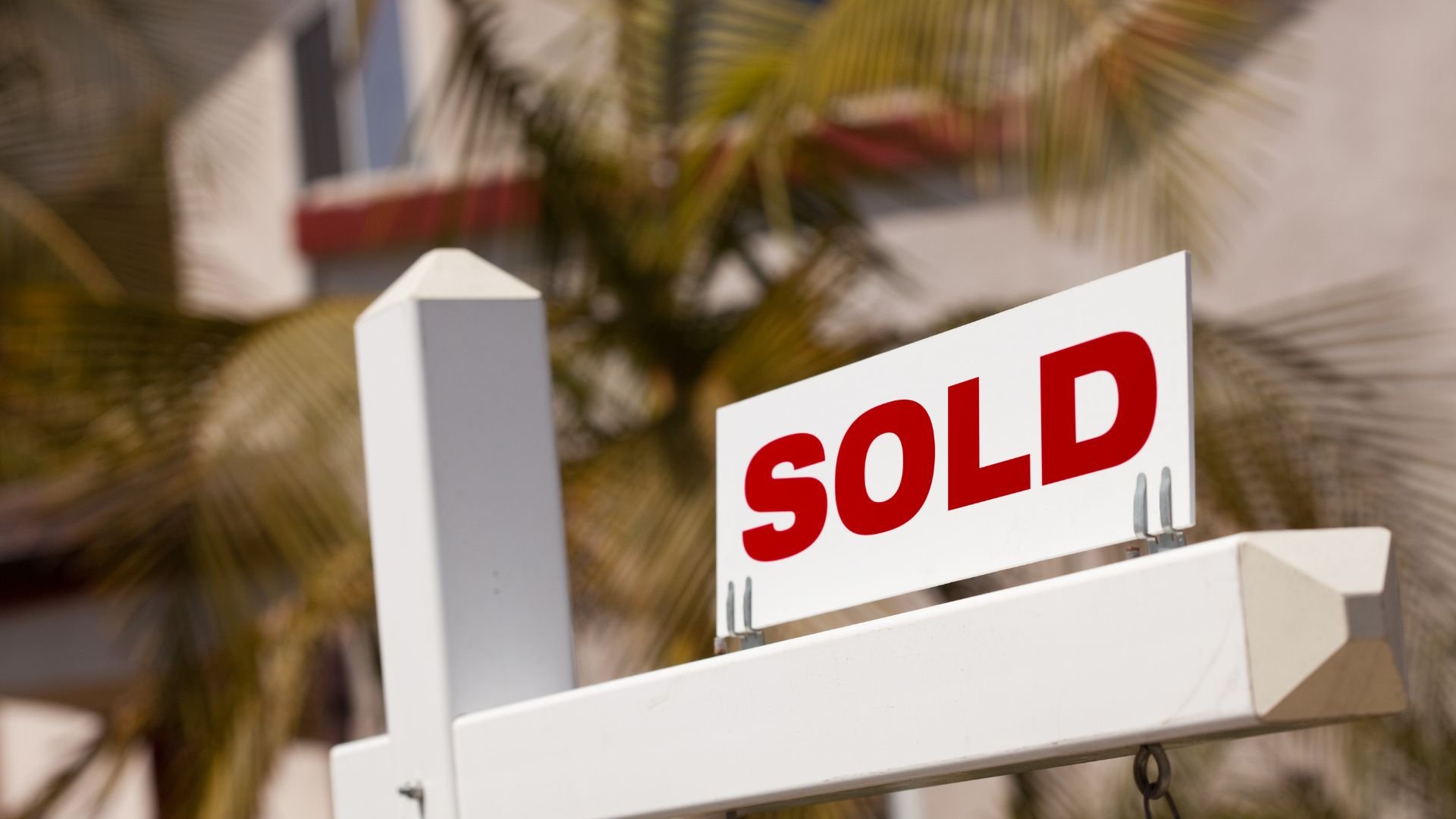White real estate sign with red "SOLD" text and palm trees